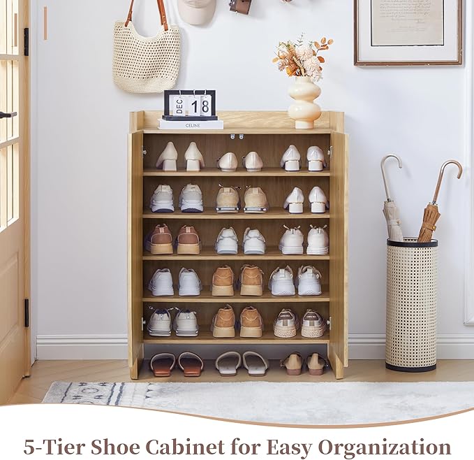Fluted Shoe Cabinet, 5-Tier Shoe Storage Cabinet with Doors,Freestanding Hidden Shoe Cabinet Organizer, Narrow Shoes Storage Rack for Entryway (Natural)