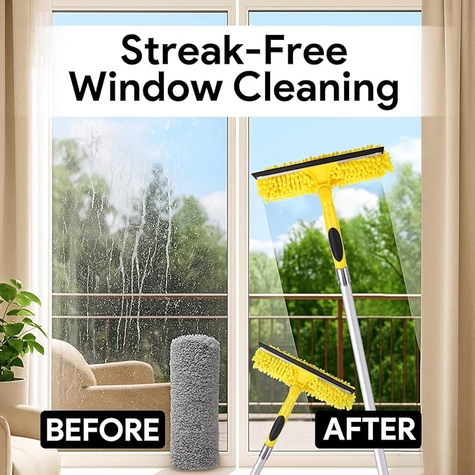 Opow 284'' Window Squeegee with Telescoping Extension Pole, 2 in 1 Shower Cleaning with Telescopic Pole, Extension Washing Tool with Rotating Head for Indoor/Outdoor High Window Glass