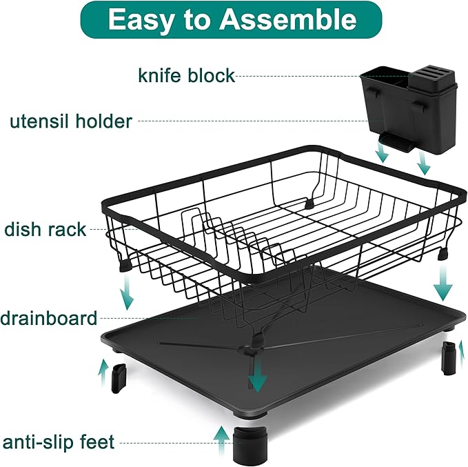 Goderewild Dish Drying Rack for Kitchen Counter,Space-Saving Dish Rack with Drainboard,Rustproof Countertop Dish Drainer with Utensil Holder for Sink,Black