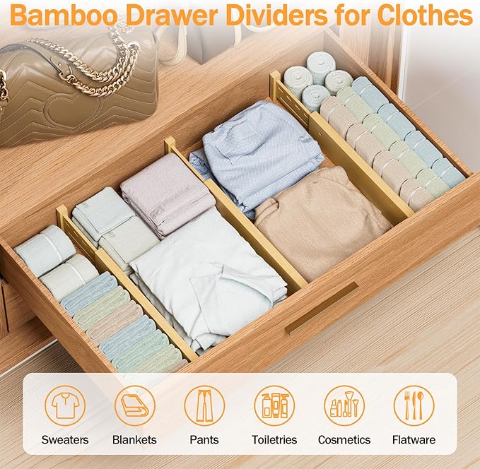 Ryqtop Bamboo Drawer Dividers 4" High, 12.8-18" Adjustable Drawer Organizers for Clothes,Expandable Dresser Separators in Bedroom/Kitchen/Bathroom/Office Organization and Storage,6 Pack