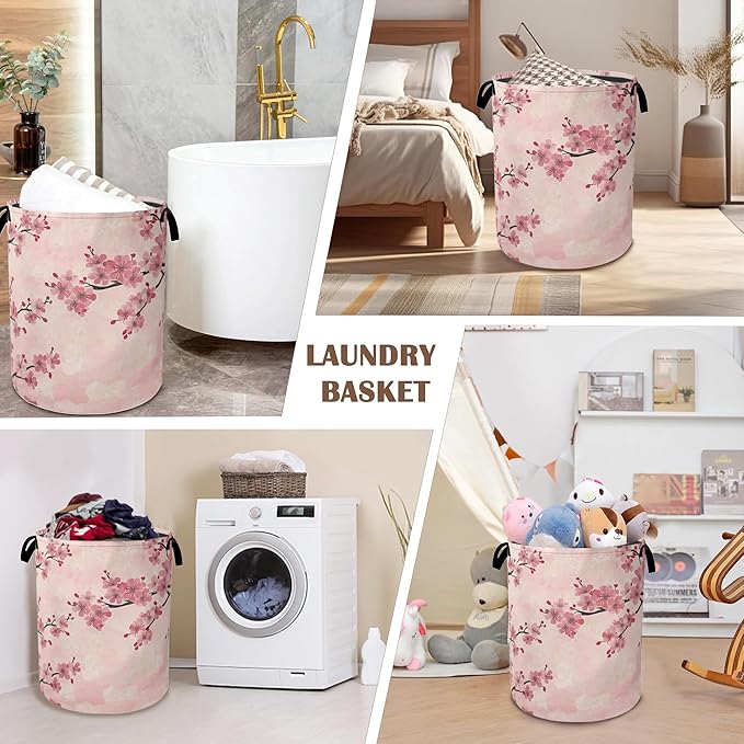 Laundry Hamper,Pink Flower Laundry Basket,Cherry Blossom Waterproof Oxford Cloth Storage Basket with Handle for Clothes Books Nursery Home Storage Sundries 16"x20"