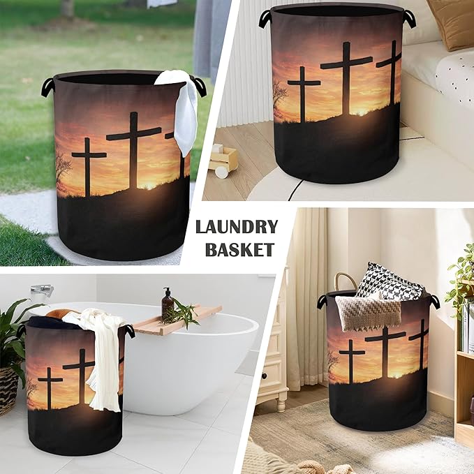 Cross Sunset Laundry Basket,Foldable with Handles Tote Bag Oxford Cloth for Bathroom Bedroom Dirty Clothes Storage Bucket 16" x 20.8"