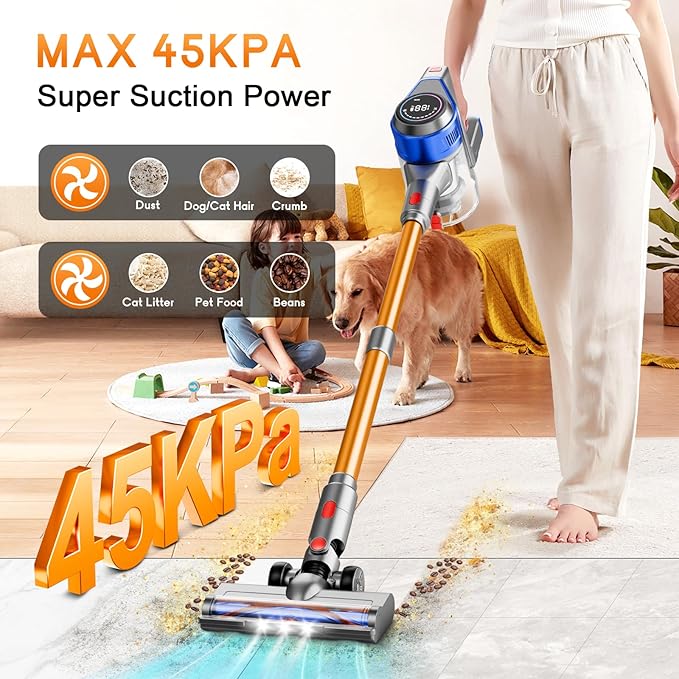 BSNAW Cordless Stick Vacuum Cleaner - Rechargeable, Powerful Vacuums with Detachable Battery Display, Max 45Mins Runtime, 8 in 1 Handheld Vacuum for Hardfloor & Carpets Pet Hair, 45Kpa Yellow