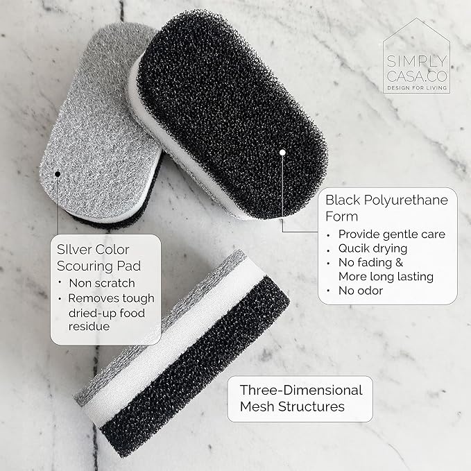 SIMPLYCASA Kitchen Dish Cleaning Sponges - Pack of 6 | Non-Scratch & Fast-Drying | Reusable Scrubbers for Kitchen & Household Use | Stylish Black & White Design