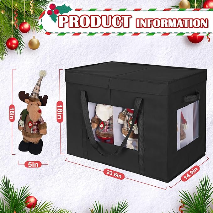 Christmas Figurine Storage Box, 24”x18”x15” Ornament Storage Box, 2025 UpgradeNutcracker Storage Box, Figurine Storage with Dividers, Adjustable Extent Area for Figurines and Pocket, Black