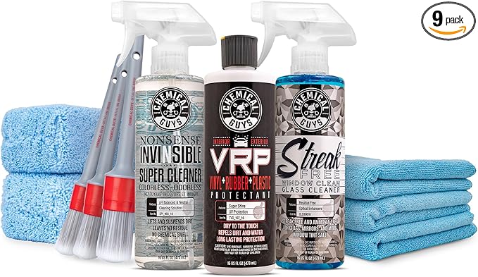 Chemical Guys Car Interior Detailing Kit - VRP Protectant, Nonsense Cleaner, Streak Free Glass Cleaner, 3 Detailing Brushes, 3 Towels, 2 Applicators, 9-Items
