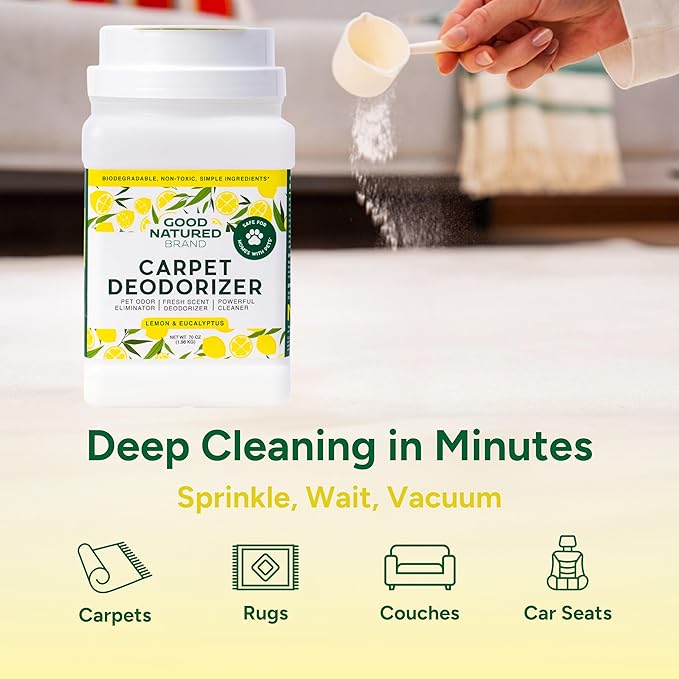Good Natured Brand | Carpet Deodorizer & Freshener Powder | 70 oz Pet Odor Eliminator for Strong Odor & Pet Urine | Fresh Natural Lemon & Eucalyptus Scent | Safe for Homes with Pets