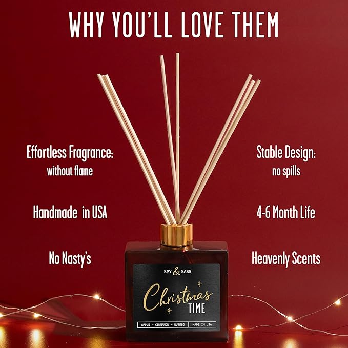 Christmas Diffuser, Christmas Reed Diffuser Decor - w/Apple, Cinnamon & Clove I Infused w/Essential Oils I 3.75 OZ Oil I Long-Lasting Scent Lasts 4-6 Month's I Made in The USA