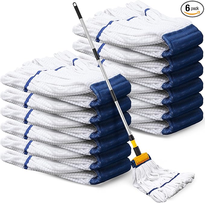 Hushee 6 Pack Large Microfiber Tube Mop Heads 18 oz Heavy Duty Commercial Industrial Wet Mop Head Refill Reusable Machine Washable Looped End Mopheads for Hardwood, Tile, Laminate Floors (White)