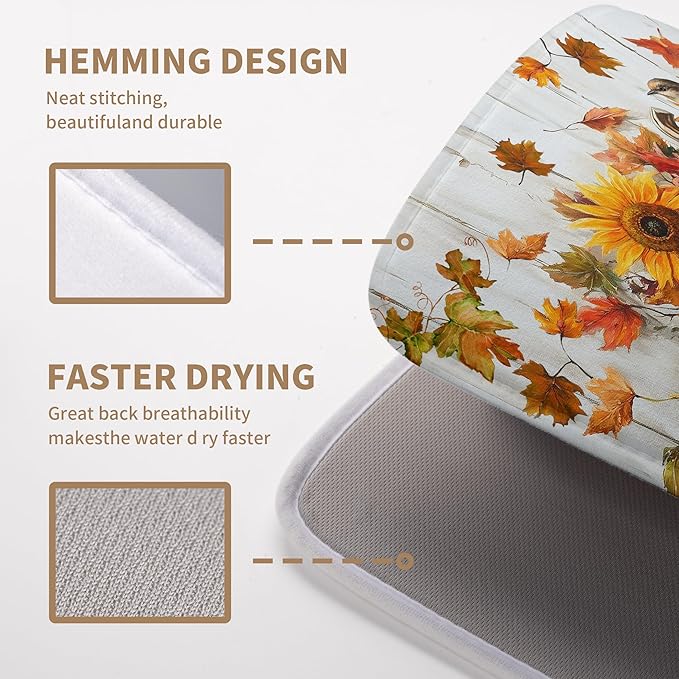 Wnoesat Fall Dish Drying Mat for Kitchen Counter Pumpkin Sunflower Maple Leaf Birds Drying Mats Autumn Thanksgiving Harvest Dish Drainer Mat Absorbent Microfiber Dishes Pad Large 18x24 Inch
