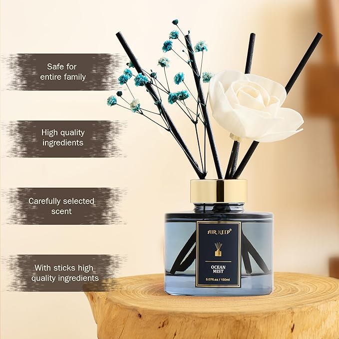 Airkeep Flower Reed Diffusers Set, 5.07 oz Ocean Mist Scented Oil Diffuser with 8 Reed Sticks, Home Fragrance Diffuser Gift Set for Bathroom & Office Decor 150ml