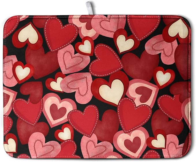 Kwlegh Valentine Dish Drying Mat for Kitchen Counter Red Black Love Heart Drying Pad Microfiber Absorbent Coffee Bar Mat Heat Resistant Countertop Protector Dishes Drainer Mat 18x24 Inch