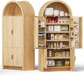 71" Tall Arched Pantry Cabinet, Arched Fluted Kitchen Storage Cabinet with Doors and Adjustable Shelves, Modern Natural Wood Cupboard Organizer for Kitchen, Dining Room, Living Room
