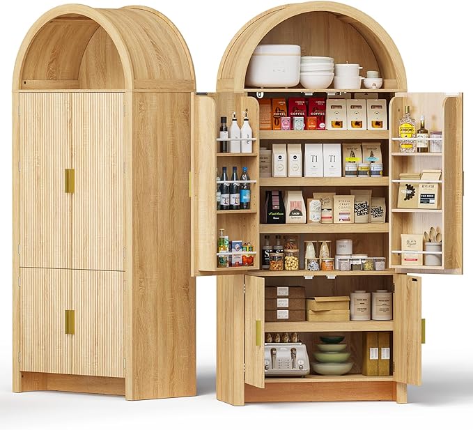 71" Tall Arched Pantry Cabinet, Arched Fluted Kitchen Storage Cabinet with Doors and Adjustable Shelves, Modern Natural Wood Cupboard Organizer for Kitchen, Dining Room, Living Room