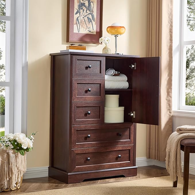 LIDYUK 5 Drawer Cherry Wood Dresser for Bedroom Farmhouse Dresser Chest of Drawers, 48" Tall Clothes Organizer with Storage Cabinet Wood Chest of Drawers for Bedroom, Living Room