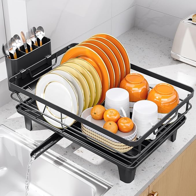 TOOLF Space-Saving Dish Drying Rack, Multifunctional Dish Rack for Kitchen Counter,Sink Dish Drainer Rack, Dishes Strainer with Drain Board & Cutlery Holder, Compact Dryer Rack,Black