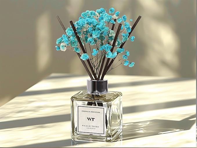 WEALD TRIBE Reed Diffuser Set for Bathroom Air Fresheners with Real Flower, Oil Diffuser Stick | Ocean Mist & Sea Salt Scent 5.1 fl oz Home Fragrance with Sticks Defusers | House Office Shelf Decor