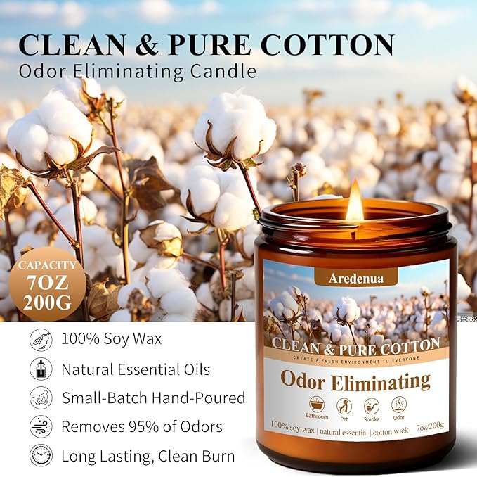 Clean & Pure Cotton Odor Eliminating Candles | Eliminates 95% of Pet, Bad Smell & Bathroom Odors – 7 oz Hand Poured Non-Toxic Soy Candle - Fresh Air Scented Candle Gentle for Pet - Gifts for Families