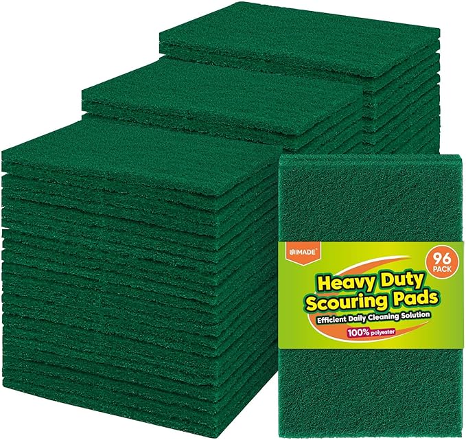 UNIMADE Heavy Duty Scouring Pad, 96Pcs Household Scour Pad for Kitchen, Garage and Outdoors, Reusable Dish Scrubber Pads for Pan and Metal Grill - Green