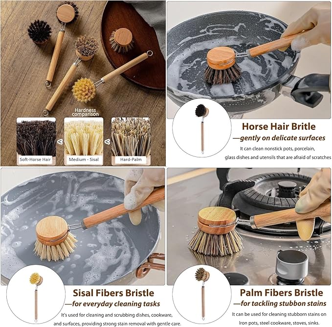 SUPRNN Bamboo Dish Brush with Handle, 1 Sturdy Wooden Handle with 3 Natural Bristle Heads, Horsehair, Sisal, Palm - All Purpose Kitchen Scrubber, Bamboo Wok Brush, Fruit and Veggie Scrubber