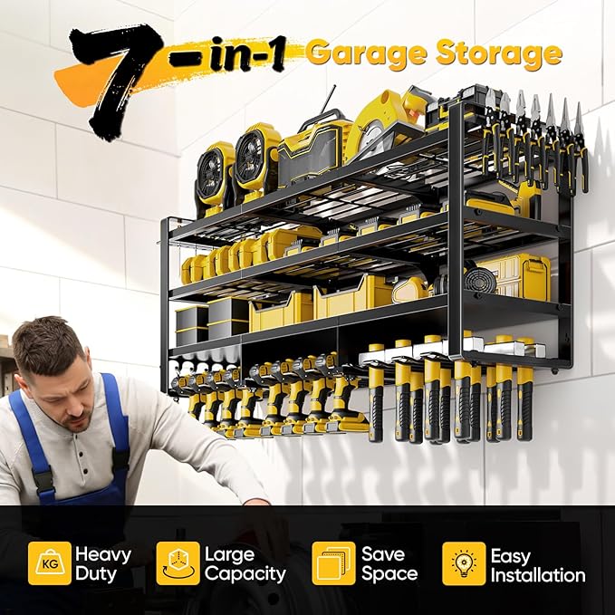 POKIPO 49" W Large Power Tool Organizer Wall Mount, 4 Layer Heavy Duty Loads 800 lbs, Tool Rack Holds 12 Cordless Drills, Large Capacity Battery Holder for Garage Storage, Christmas Gift for Men