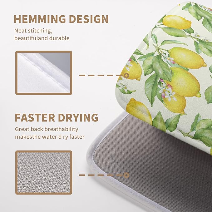 Wnoesat Summer Lemon Drying Mat Watercolor Fruit Yellow Lemon With Green Leaf Floral Dish Drying Mats for Kitchen Counter 18×24 Inch Microfiber Absorbent Dish Pad