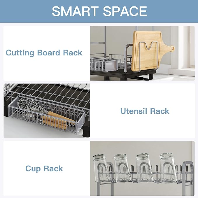 2 Tier Silver Large Capacity Dish Drainers Drying Rack for Kitchen Counter, Metal Stainless Steel Rust Proof Plate Strainers Holder On Countertop with Drainboard Tray, Space Saving, Aesthetic Modern
