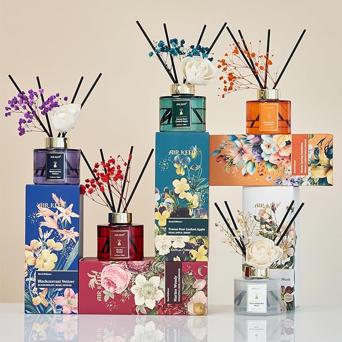 Airkeep Flower Reed Diffusers Set, 5.07 oz Clean Aldehydes Musk Scented Oil Diffuser with 8 Reed Sticks, Home Fragrance Diffuser Gift Set for Bathroom & Office Decor 150ml