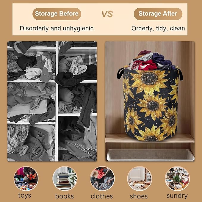 Laundry Basket,Sunflower Collapsible Laundry Baskets,Waterproof Oxford Hamper with Handles for Bathroom Bedroom Nursery Home Storage 16"x20"