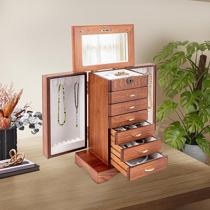 Retro Jewelry Box 7-Tier Large Jewelry Organizer with 6 Drawers and 2 Side Doors Women Girls Storage Case for Necklace Rings Earrings Accessories, with Mirror and Lock,11.1x6.9x14.2in,MDF (Brown)