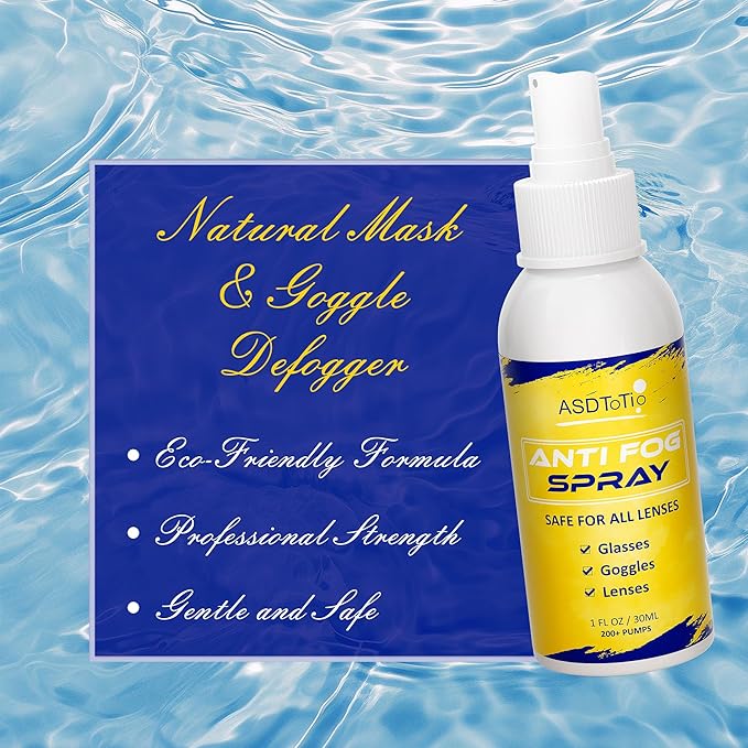 ASDToTio Anti-Fog Spray for Swim Goggles, Eye Glasses, Dive Mask, Rearview Mirror, and Safety Eyewear, Lens Cleaner Spray- Safe for All Lens Types, 1 Oz