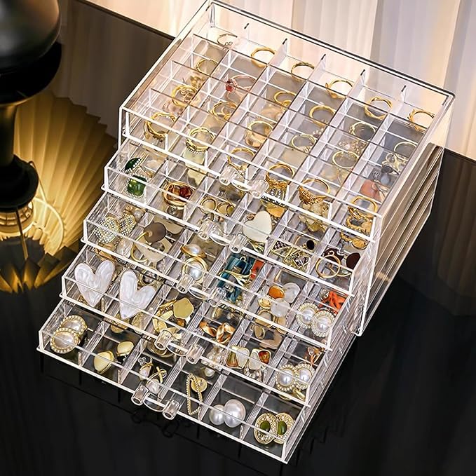 SPAKOWN Earring Organizer, Acrylic Jewelry Holder Organizer with 5 Drawers Stackable Earring Storage Case Jewelry Boxes for Women (Clear)