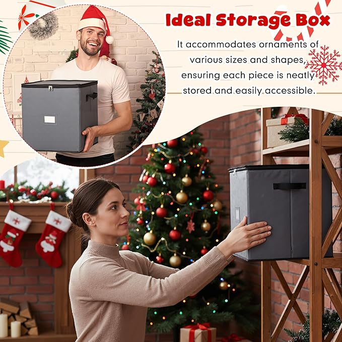 Pinkunn 64pcs 4in Christmas Ornament Storage Box with Dividers Tray Stores Holiday Ornament, Adjustable Dividers, Double Zipper, Label Slot, Two Handles Storage Container Box Keeps Xmas Decor(Grey)