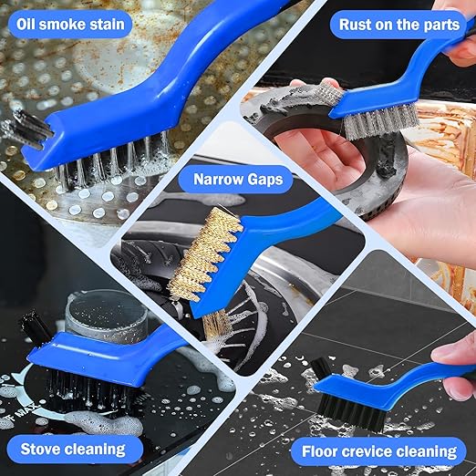 Wire Brush Set, 6 Pcs Stainless Steel/Brass/Nylon Wire Brushes for Cleaning with Curved Handle Grip for Rust Removal, Dirt, Paint Scrubbing(Blue)