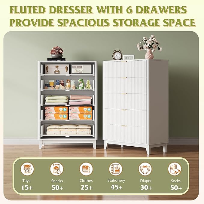 WLIVE Fluted Dresser for Bedroom with 5 Drawers, 46.26" Tall Wooden Dresser with Golden Metal Handles, Mid Century Modern Chest of Drawers for Living Room, Hallway, Closet, Solid White