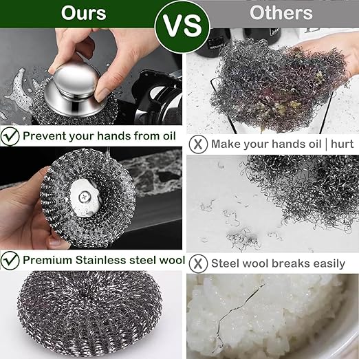 Steel Wool Scrubber with 2 Handles & 3 Replacement Wire Sponge(Scouring Pads) - Stainless Metal Cleaner Heavy Duty Brush for Pots, Pans, Cast Iron, Grill, Sink, Dishes, Stove, Kitchen Deep Clean