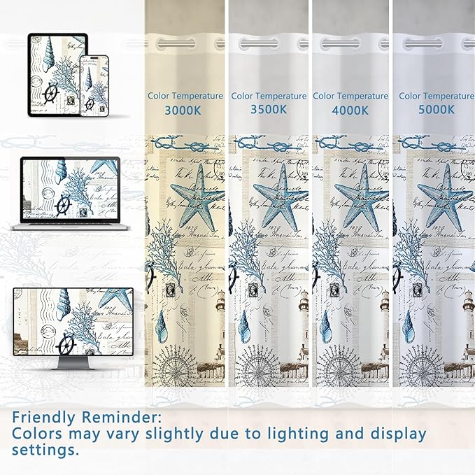 No Hook Vintage Nautical Shower Curtain with Waterproof Snap-in Liner, Ocean Themed Stamps Retro Shower Curtain with Mesh Top Window, Quick Dry Cloth Shower Curtains for Bathroom, 71"W x 74"L