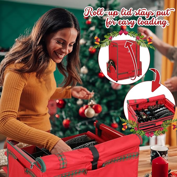 Rolling Christmas Ornament Storage Box - 120Pc Steel-Frame Decor Organizer Chest with Adjustable Dividers, Removable Trays & Side Pockets | Large Holiday Decoration Container on Wheels