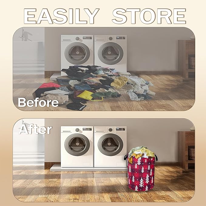 Christmas Tree Laundry Hamper,Red Plaid Collapsible Laundry Baskets,Waterproof Oxford Cloth Laundry Room Organization for Bedroom,Bathroom,Nursery,16x20 Inch