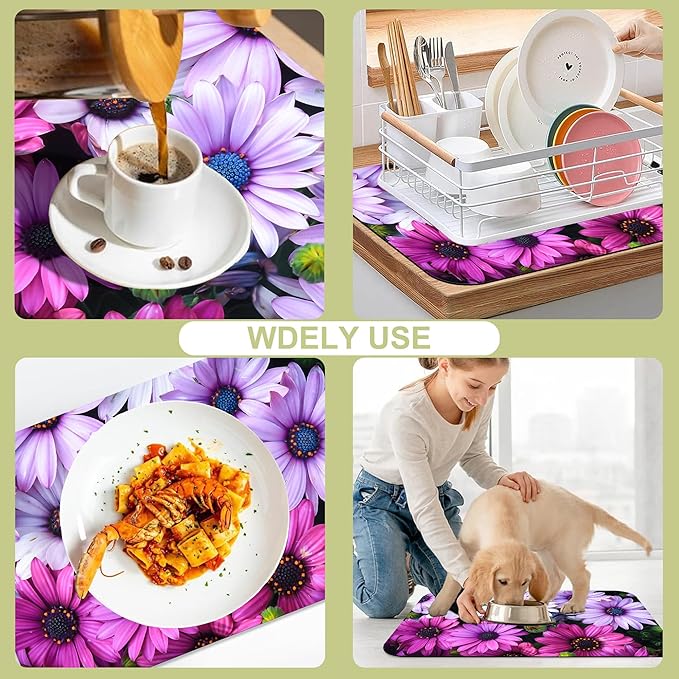 Kitchen Mat Beautiful Purple Flowers Dish Drying Mat 12"x19" Bsorbent Coffee Maker Mat for Sink Dishes or Under Rack Kitchen Counter Accessories Absorbent Hide Stain Rubber Backed Dish Drying Pad
