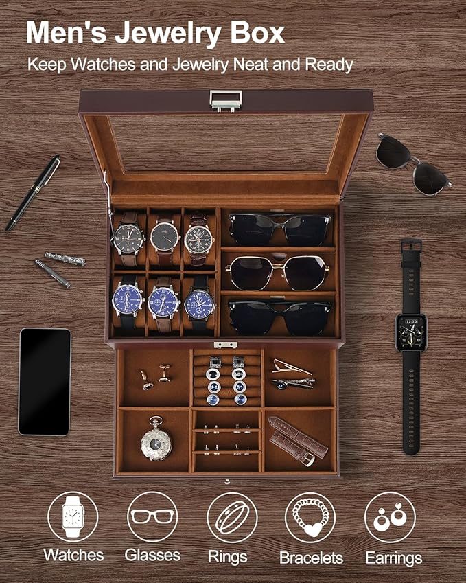 Jenseits Watch Organizer & Jewelry Box for Men – 6 Watch Slots, 3 Sunglass Slots, Drawer for Rings, Bracelets & Cufflinks, 2-Layer Leather Watch Display Case w/Glass Lid, Gift for Men & Women, Brown
