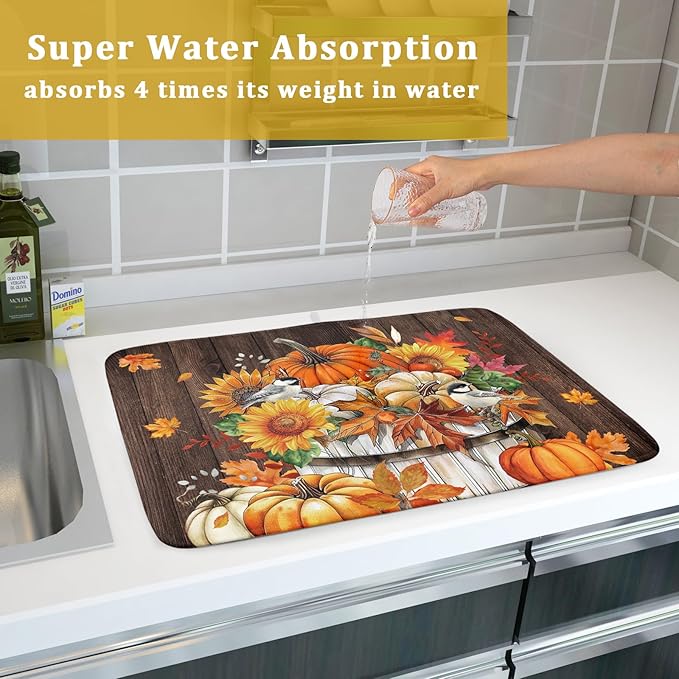 Fall Pumpkin Dish Drying Mat for Kitchen Counter Decor 18x24 Inch Halloween Thanksgiving Dish Drainer Mats Absorbent Reversible Dishes Pad