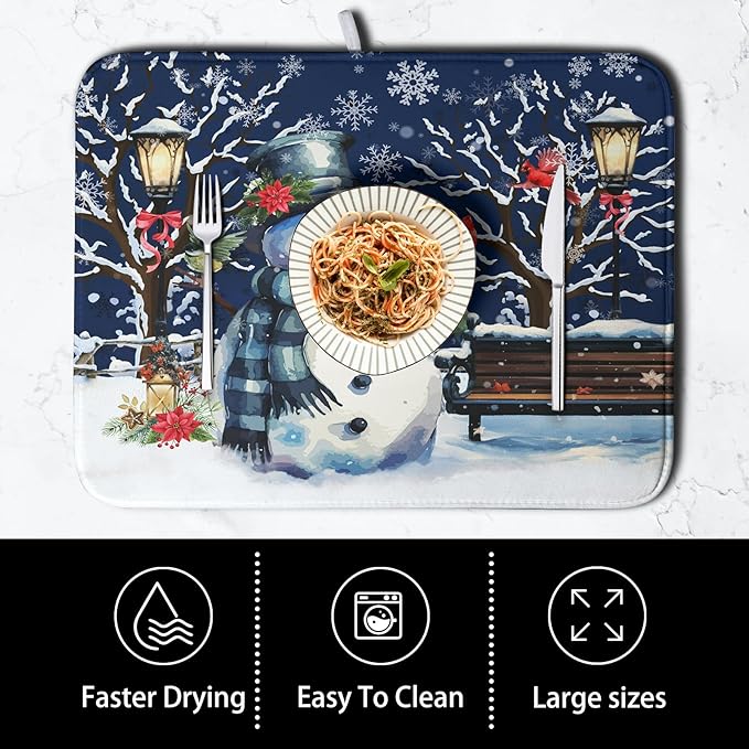 Kwlegh Winter Snowman Dish Drying Mat for Kitchen Counter 18x24, Xmas Snowflakes Dish Drainer Mat Snowy Night Drying Kitchen Mats Cardinal Birld Dish Pad Absorbent Reversible Coffee Mats for Dishes