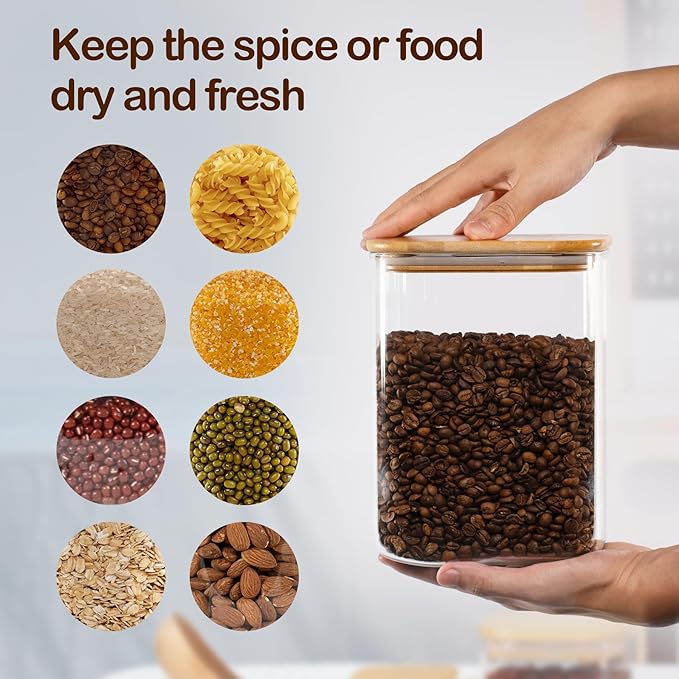 D2scrma 122oz Airtight Glass Square Storage Canister with Bamboo Lid Set of 1 (3600ml) Gallon Glass Jars Large Kitchen Canister for Sugar, Flour, Cookies and Coffee beans (‎with Black Lable)