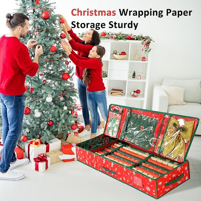 42'' Christmas Wrapping Paper Storage Organizer 600D Oxford Fabric Xmas Accessories Containers Bag Durable Fabric, Accessory Pockets for Ribbons, Gift Wrap Storage Bin（Red）