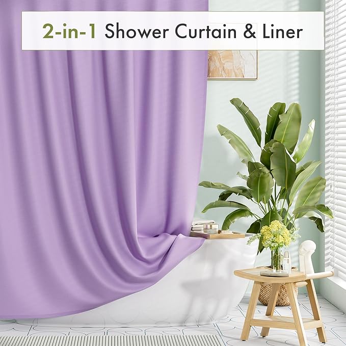 Amazer Lavender Purple Shower Liner Cloth Waterproof, Soft Shower Curtain Liner Fabric with Weighted Stones, Washable Shower Curtain and Liner 2-in-1, 120G Heavy Duty, 12 Grommet Holes, 72 x 72 Inches