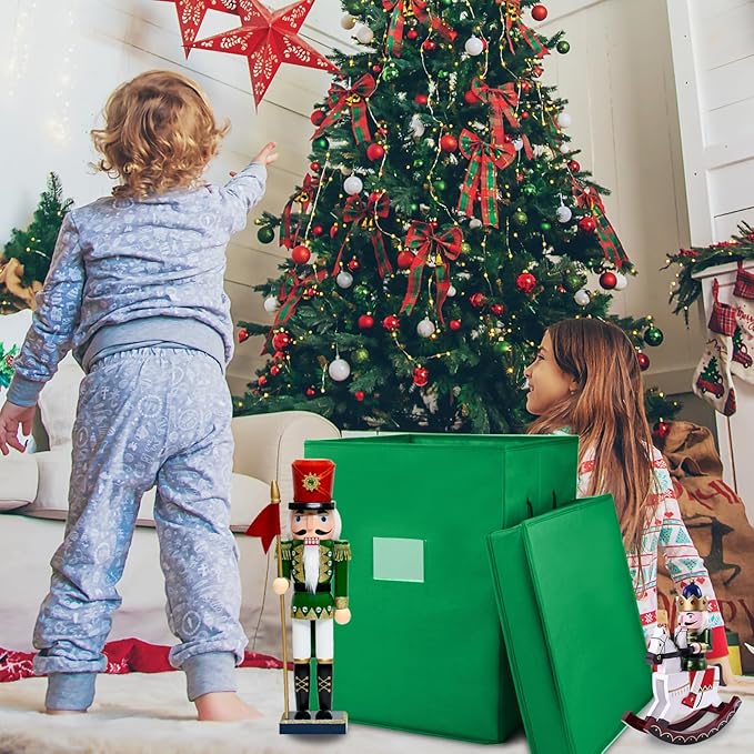 Christmas Nutcracker and Figurine Collectible Storage Box, Fits 9 Holiday Ornaments, Stores Up to 16" Tall Ornaments, Holiday Decor Organizer with Dividers, Nutcracker not Included(Green)