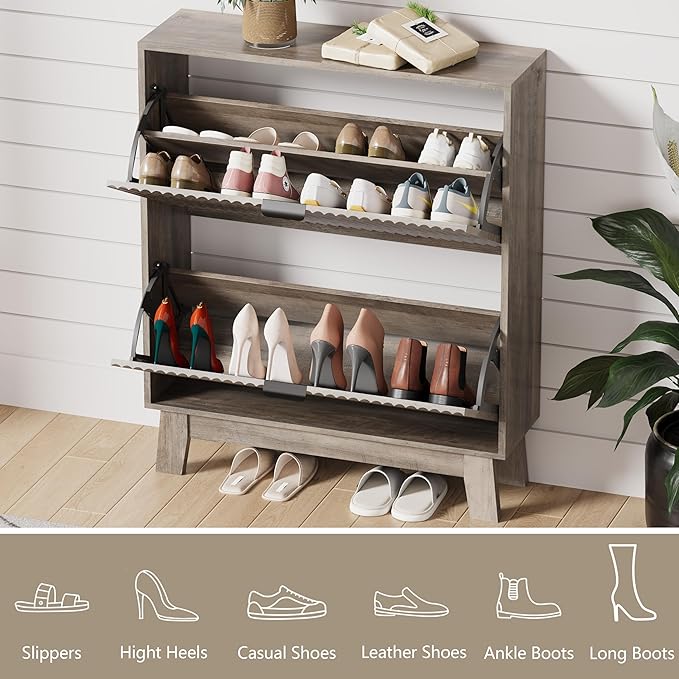 Shoe Cabinet Storage for Entryway with 2 Flip Drawers, Fluted Narrow Shoe Organizer with Wooden Legs, Freestanding Slim Shoe Storage Hidden Shoe Rack Organizer for Front Door Entrance, Grey