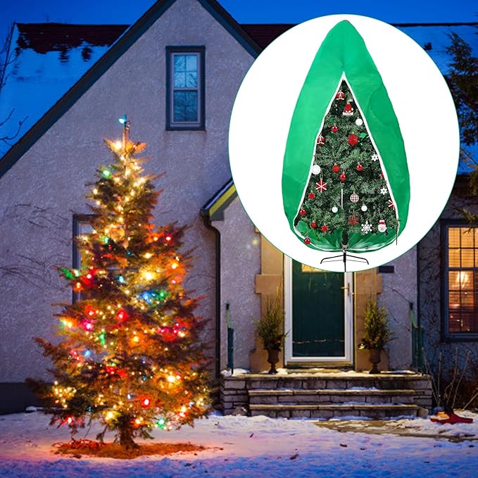 Upright Christmas Tree Storage Bag, Tapered Christmas Tree Cover for 7.5 FT Artificial Tree Standing with Ornaments, Tear Resistant Holiday Assembled Xmas Tree Bag with Zipper and Drawstring (Green)
