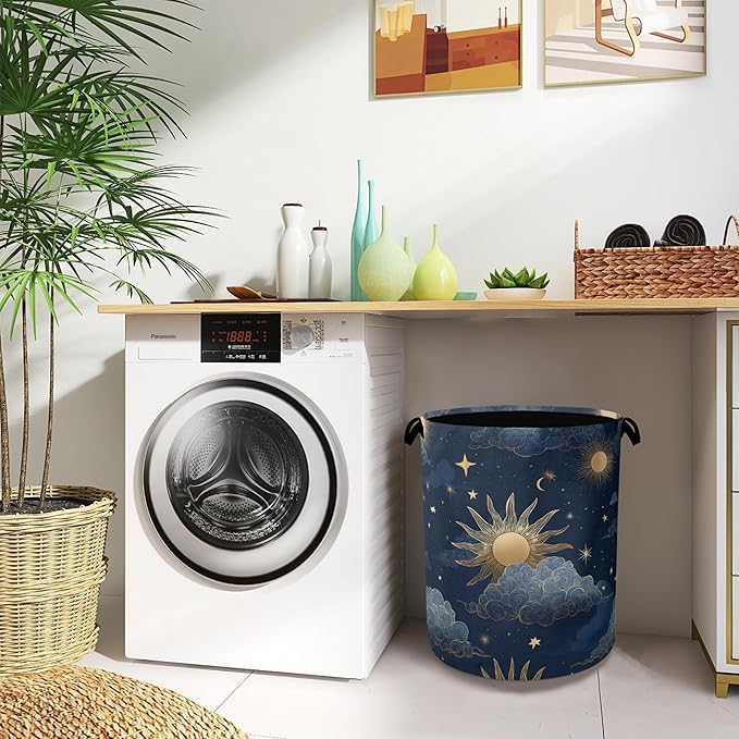Sun Moon Stars Laundry Basket,Oxford Cloth Laundry Hamper with Handle Foldable Portable Clothes Storage Basket for Bathroom Bedroom Dorm Room 16" x 20.8"
